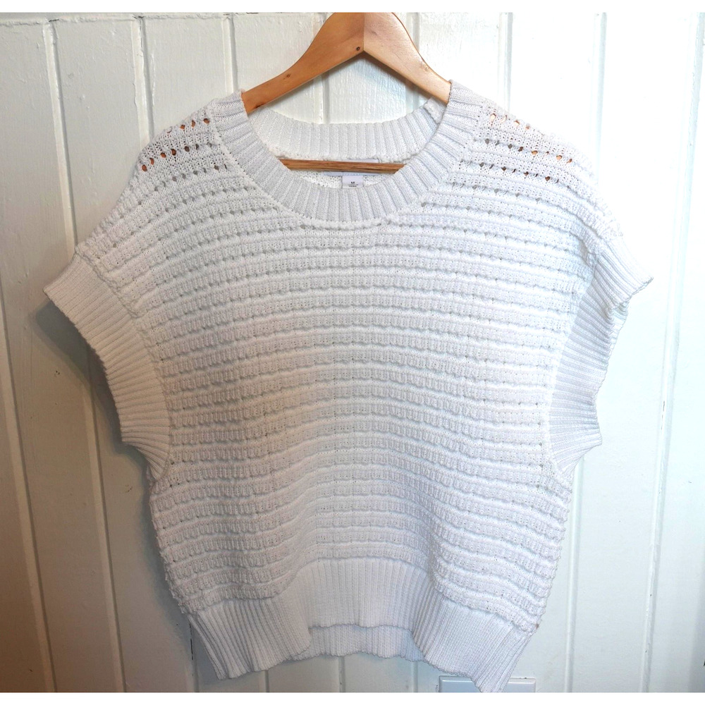 Liz Claiborne Sweater Medium White Chunky Knit Cap Sleeve Cropped Boxy Minimal